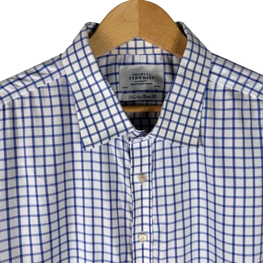 Charles Tyrwhitt Shirt Mens 20/37 Non Iron Classic Fit Blue White Tattersall